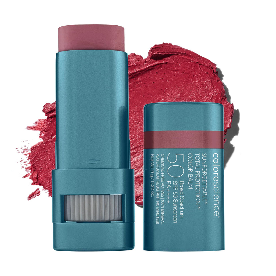 Colorescience front packaging shows berry balm and SPF 50 protection benefits