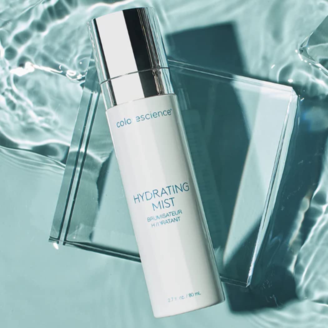 Colorescience bottle in travel pouch on a suitcase showing on-the-go hydration convenience