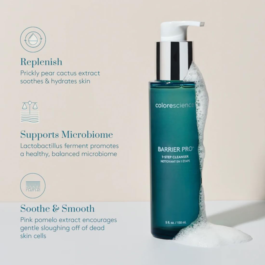 Colorescience bottle in hand showing size and single-step cleansing convenience benefit