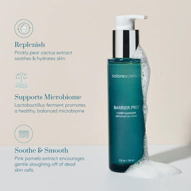 Colorescience bottle in hand showing size and single-step cleansing convenience benefit