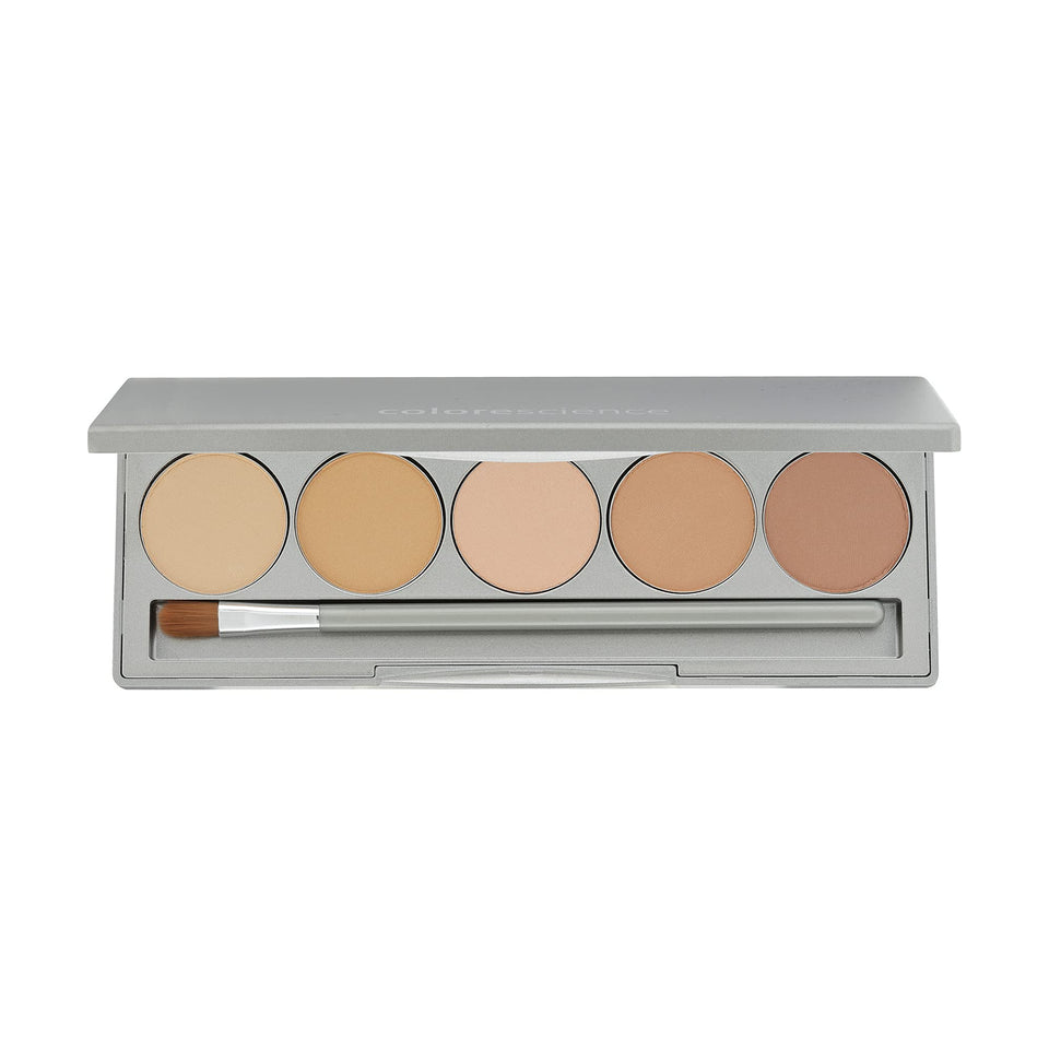 Colorescience palette front compact showing five correcting shades and SPF 20 benefit