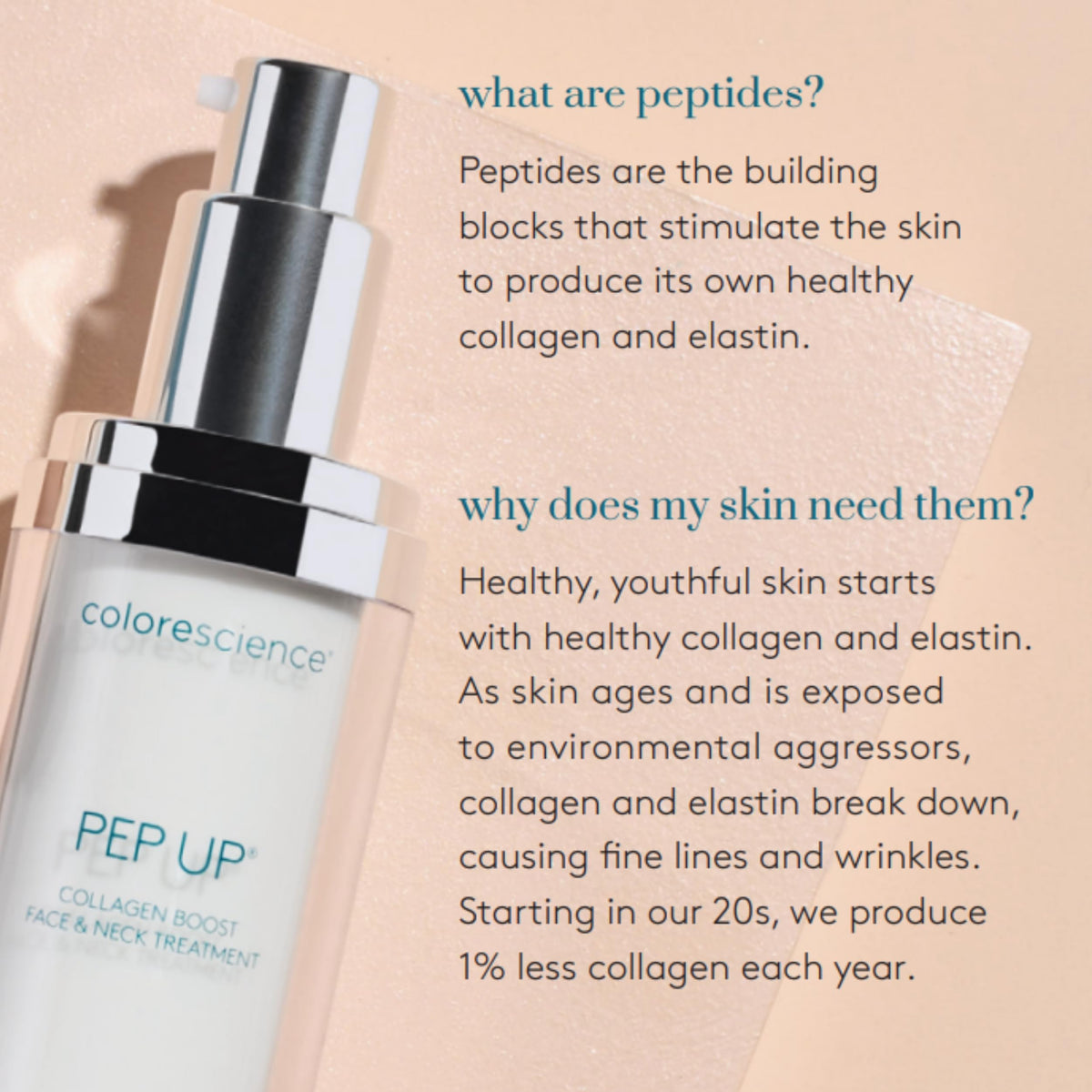 Colorescience Pep Up ingredient focus on peptides and hyaluronic acid emphasizing skin-rebuilding support