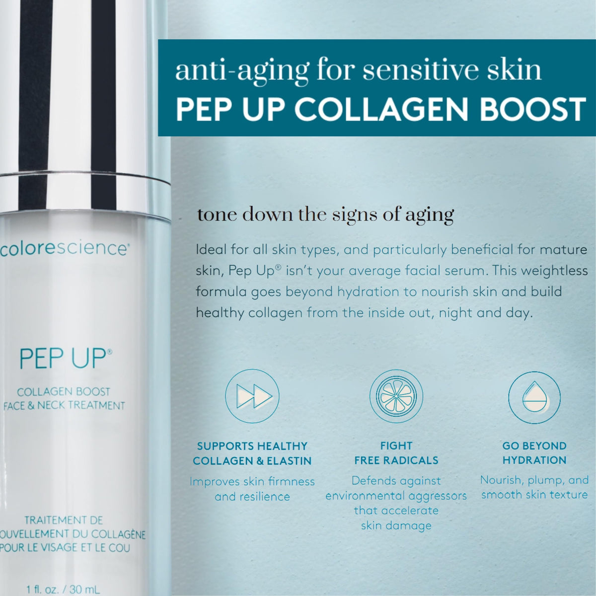 Colorescience Pep Up texture: clear gel-serum drop highlighting hydrating hyaluronic acid feel