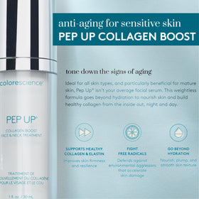 Colorescience Pep Up texture: clear gel-serum drop highlighting hydrating hyaluronic acid feel