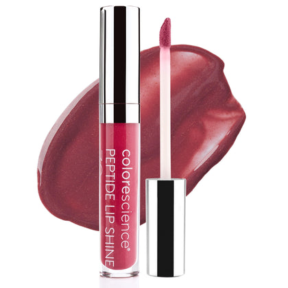 Colorescience Peptide Lip Shine front packaging showing glossy plum shade benefit hydration