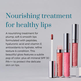 Colorescience Peptide Lip Shine applied on lips in lifestyle shot adding color and SPF benefit