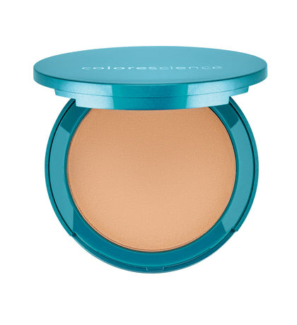 Colorescience pressed foundation compact front view showing shade and protective lid benefit