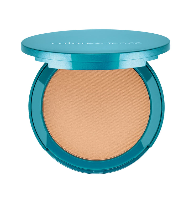 Colorescience pressed foundation compact front view showing shade and protective lid benefit