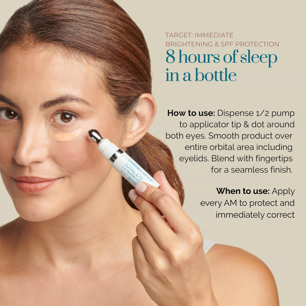 Colorescience product being applied under eye to reduce puffiness and brighten