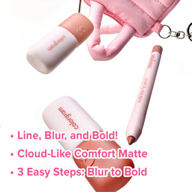 COLORGRAM tint applicator and texture swatch showing buildable powdery finish