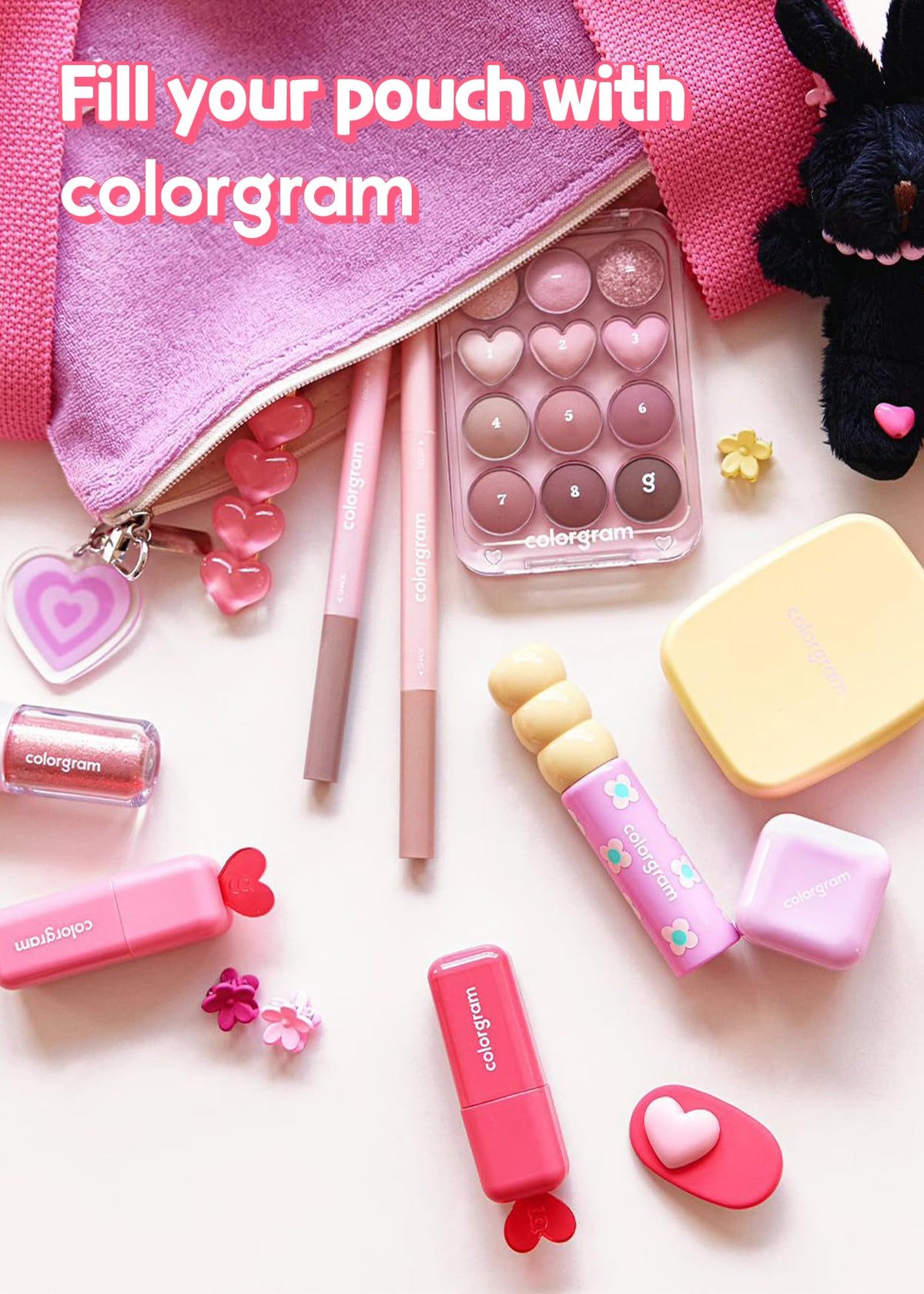 COLORGRAM travel-ready flatlay with palette and essentials for on-the-go touch-ups