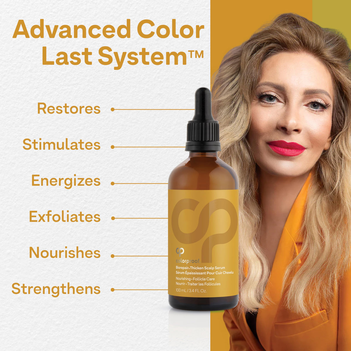 ColorProof product label close-up listing active ingredients, clarifies nourishing formula benefit
