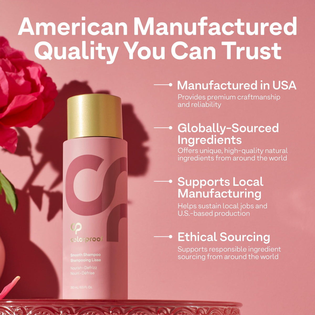 Colorproof bottle beside white tea flowers indicating fresh calming scent