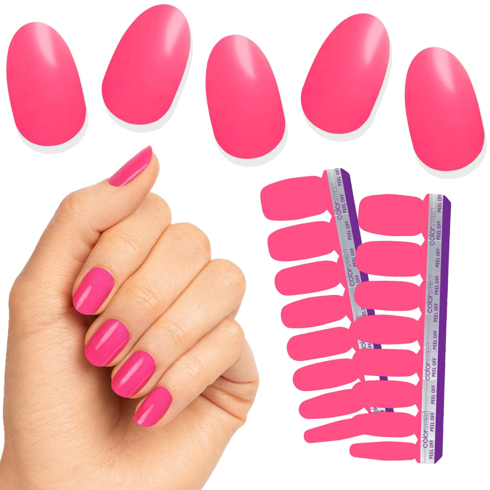 Color Street front packaging showing watermelon pink strips and brand benefit of quick manicure