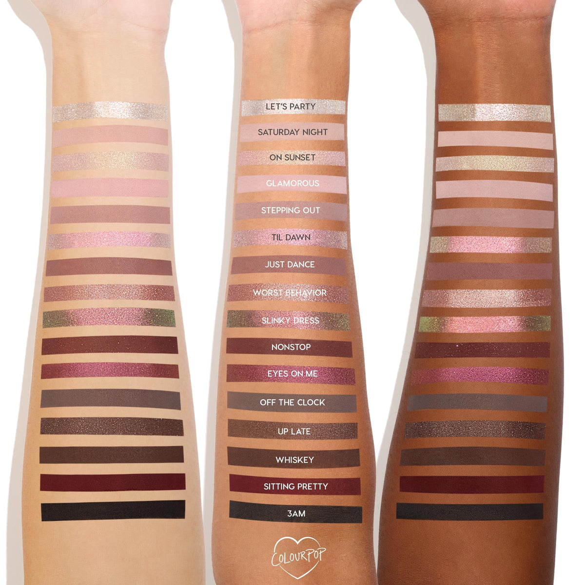 ColourPop After Hours metallic and glitter swatches on skin showing reflective sparkle