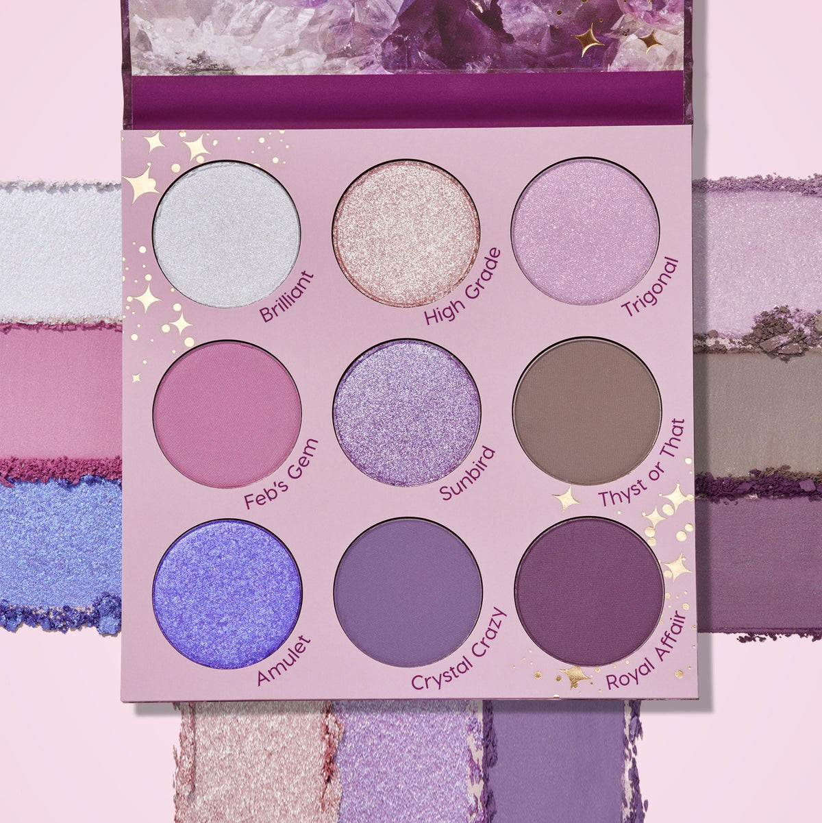 ColourPop palette open with pans visible and diverse purple finishes for versatile looks