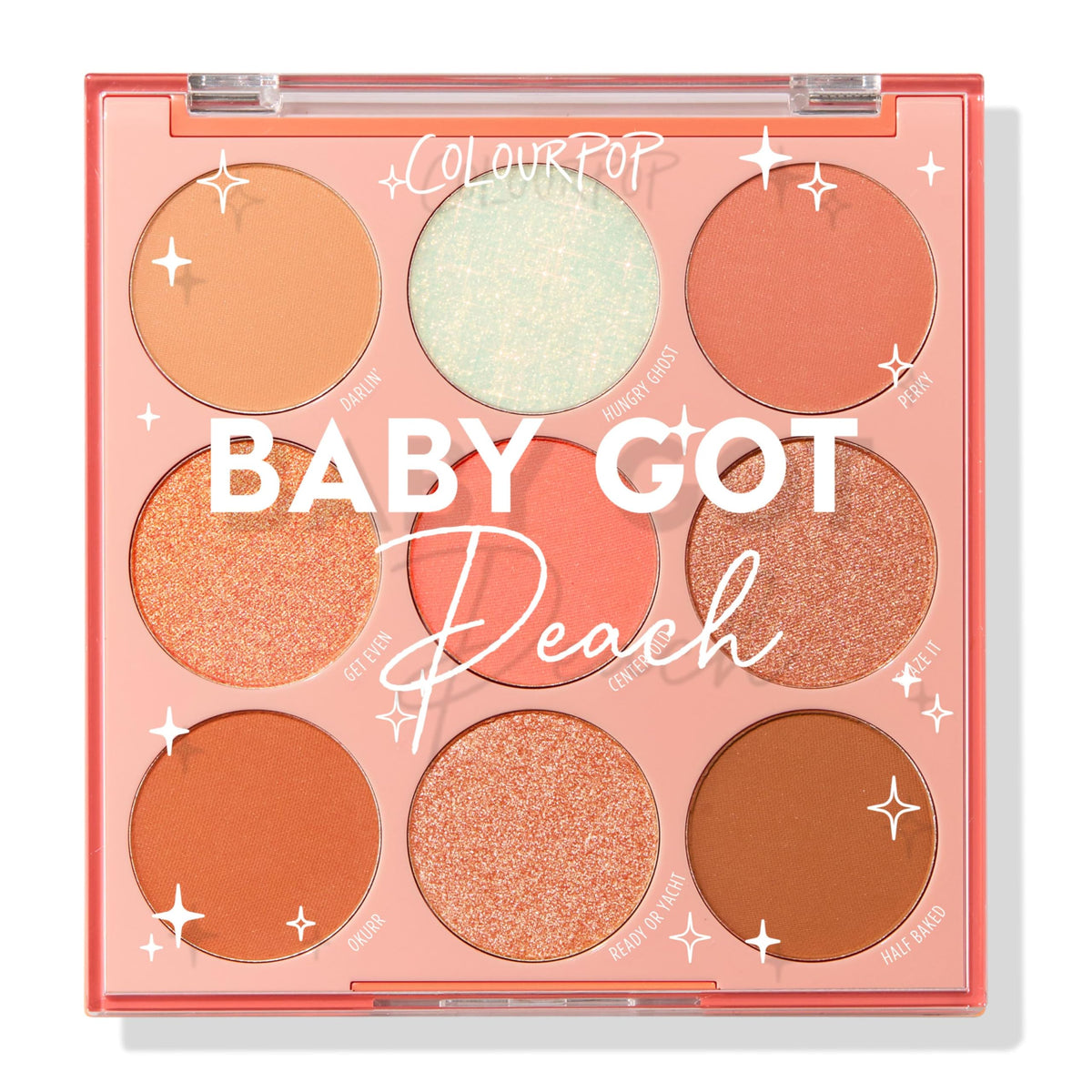 ColourPop baby got peach front packaging showing nine warm shades and palette layout
