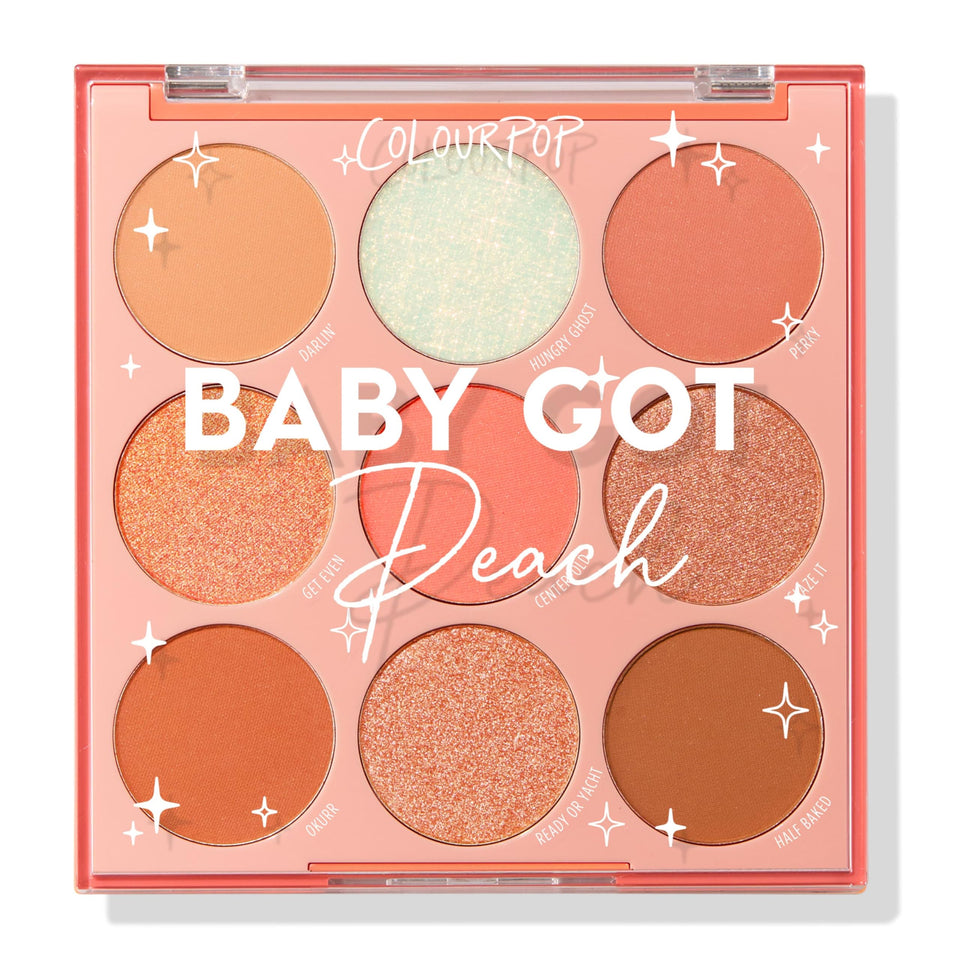 ColourPop baby got peach front packaging showing nine warm shades and palette layout