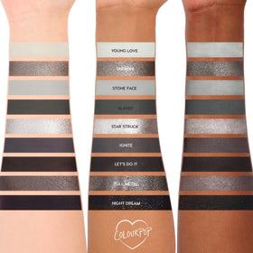 Close-up of ColourPop metallic shades emphasizing reflective payoff and shine