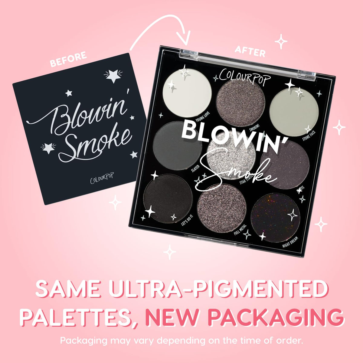 ColourPop Blowin' Smoke open palette flatlay displaying nine grey and silver shades