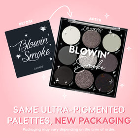 ColourPop Blowin' Smoke open palette flatlay displaying nine grey and silver shades