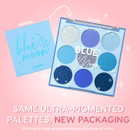 ColourPop open palette flatlay showing eight blue shades for versatile looks