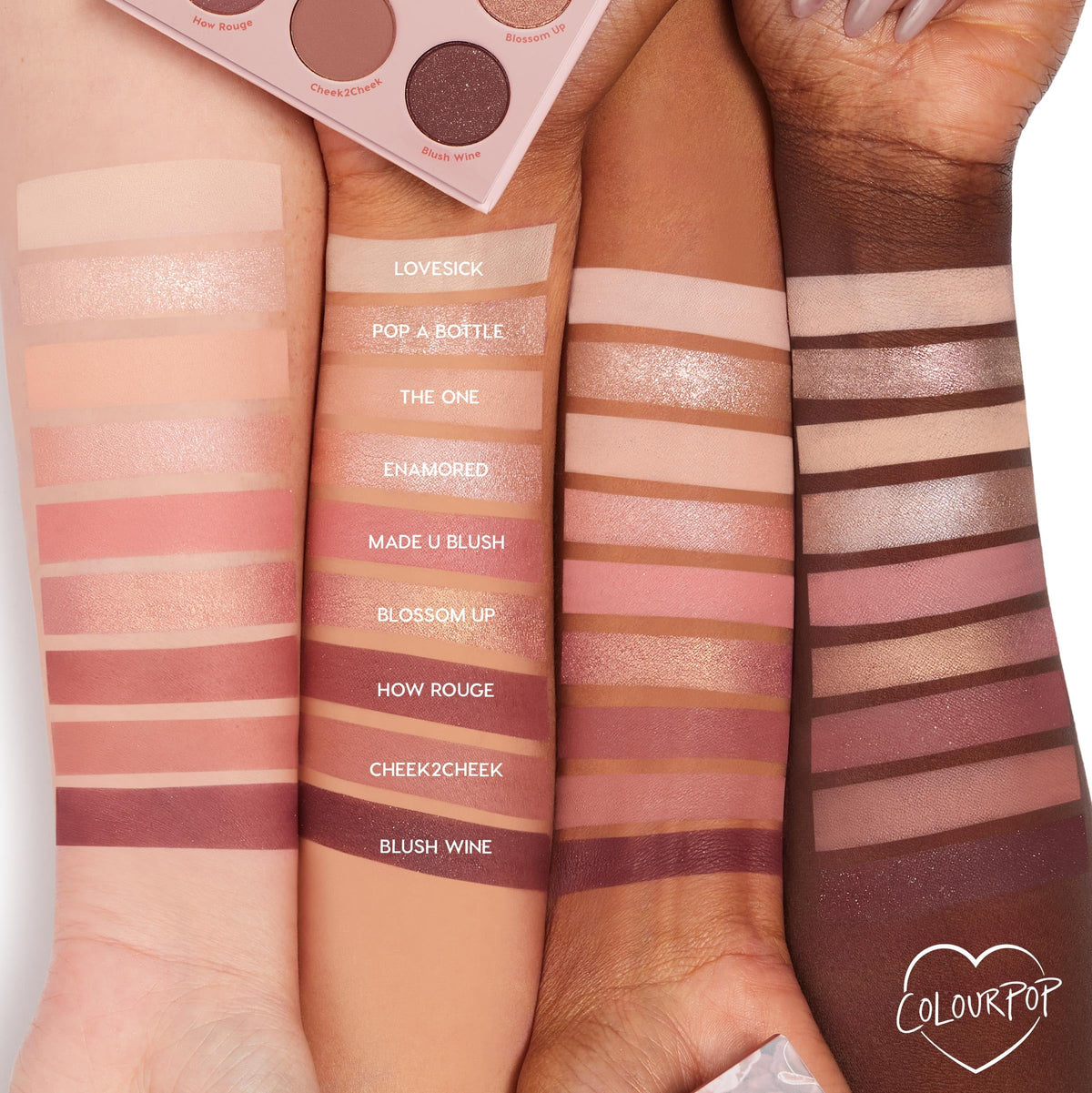 ColourPop arm swatches showing pigment payoff and blendable tones for quick shade comparison