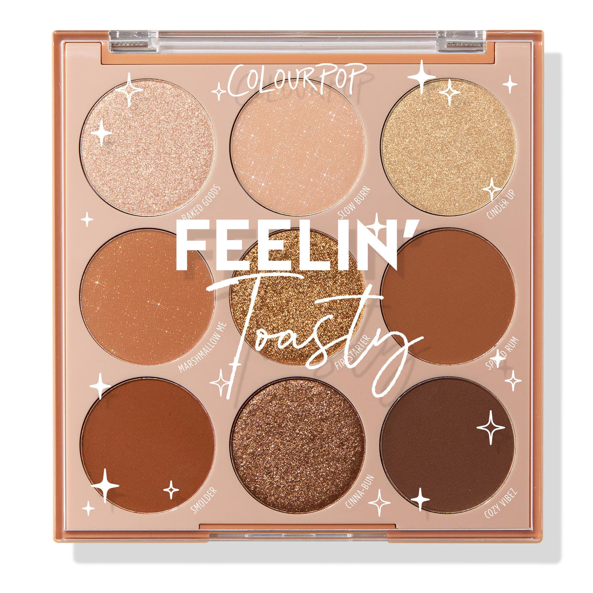 ColourPop Feelin' Toasty palette front view showing compact packaging and shade range for versatile looks