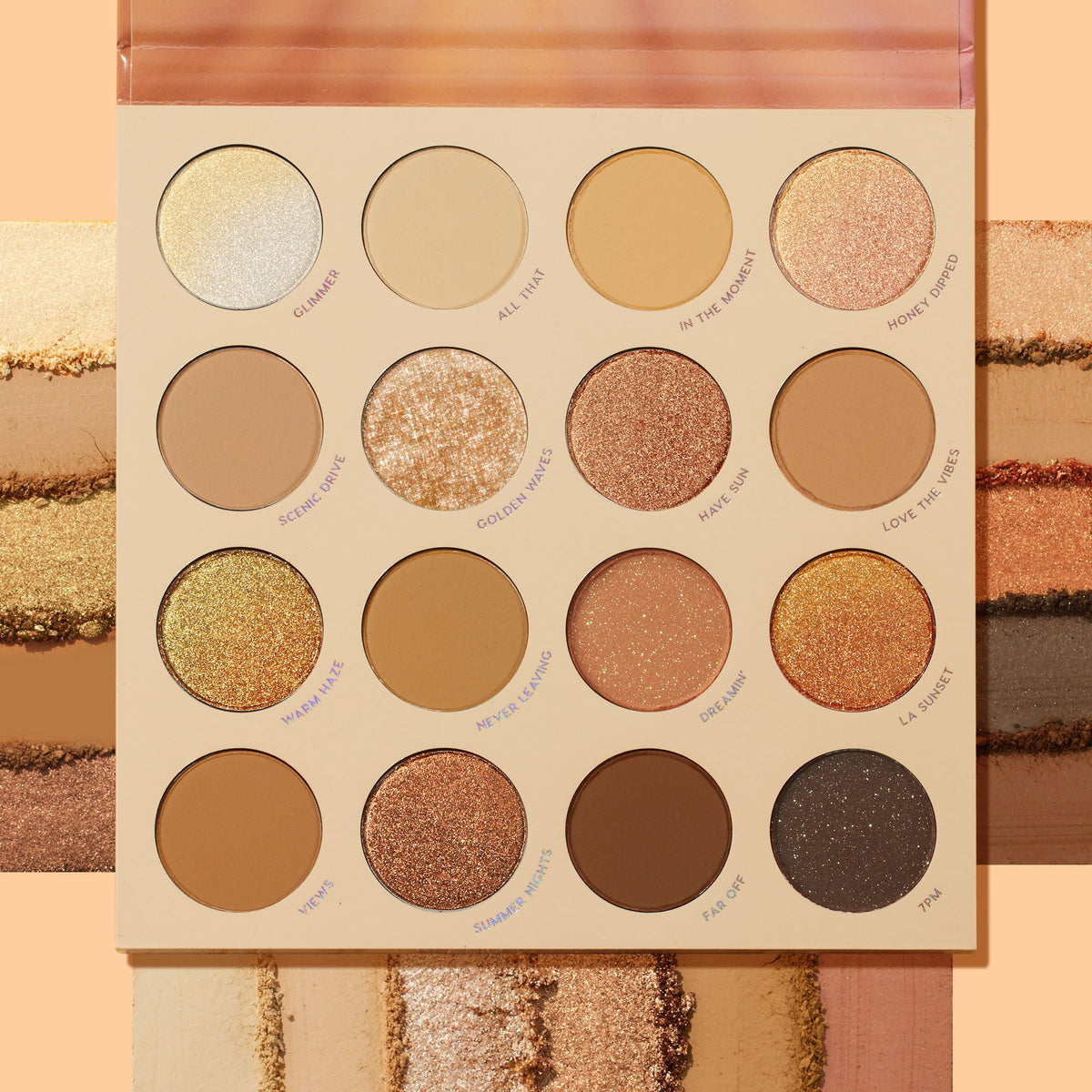 ColourPop open palette overhead displaying 16 warm sunset shades and finishes