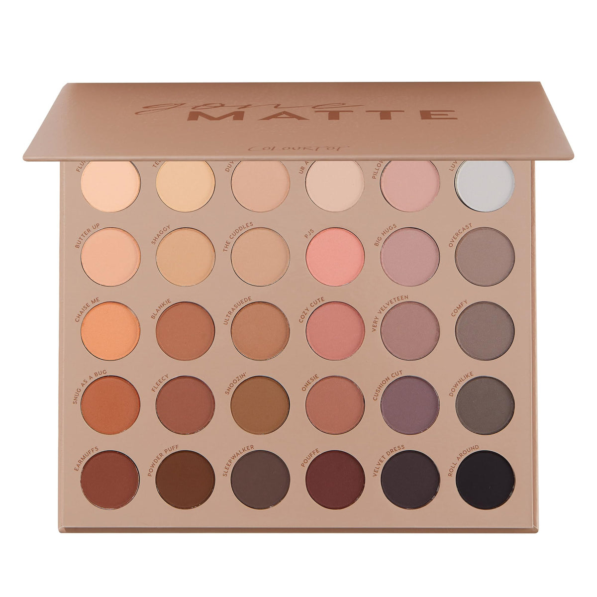 ColourPop gone matte front view showing 12 shades and palette layout for quick selection