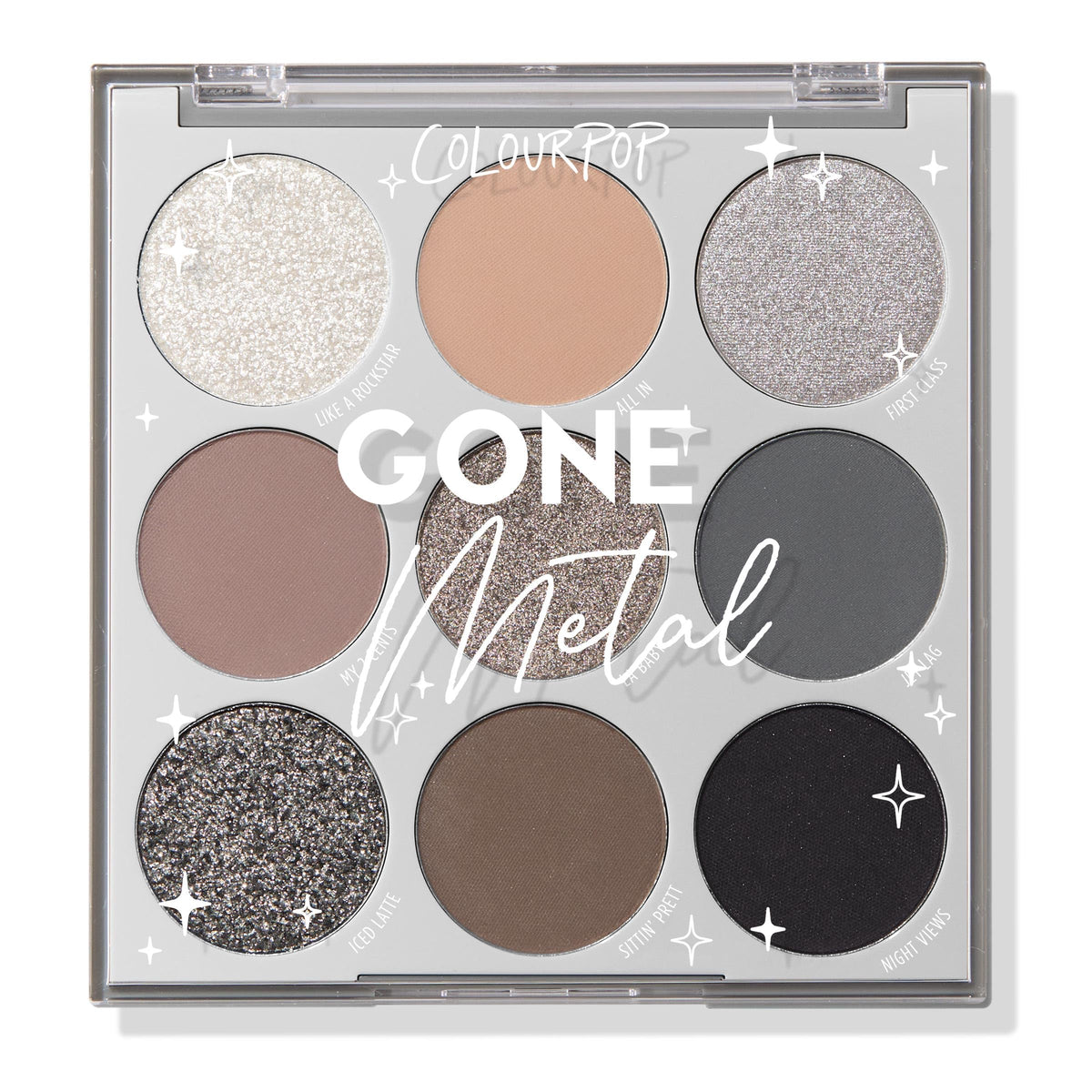 ColourPop Gone Metal front palette open showing multi-finish shades and easy portability