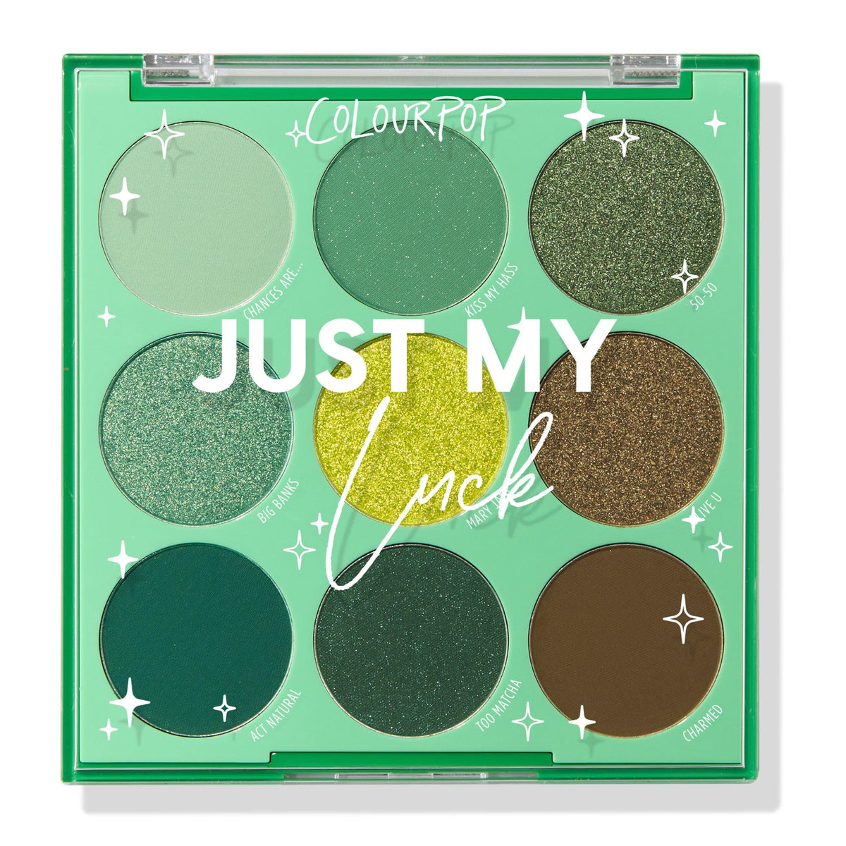 ColourPop Just My Luck palette front open showing nine green shades and easy selection benefit