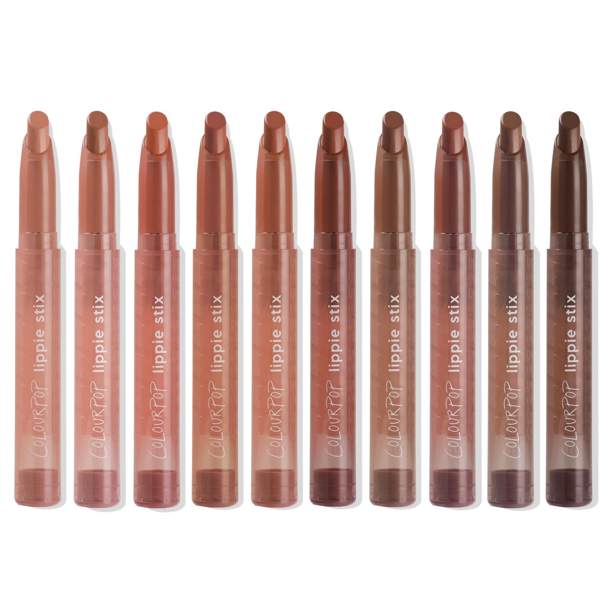 ColourPop Lippie Stix array open displaying diverse nude finishes for versatile looks
