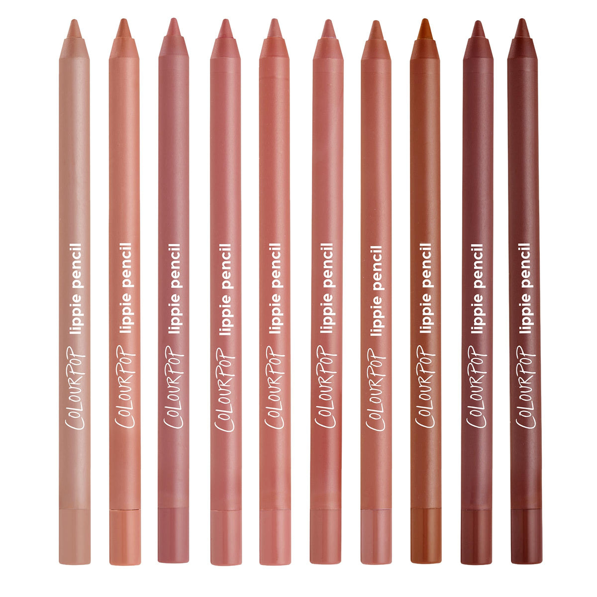 ColourPop open display of ten pencils, showing shade variety and organization