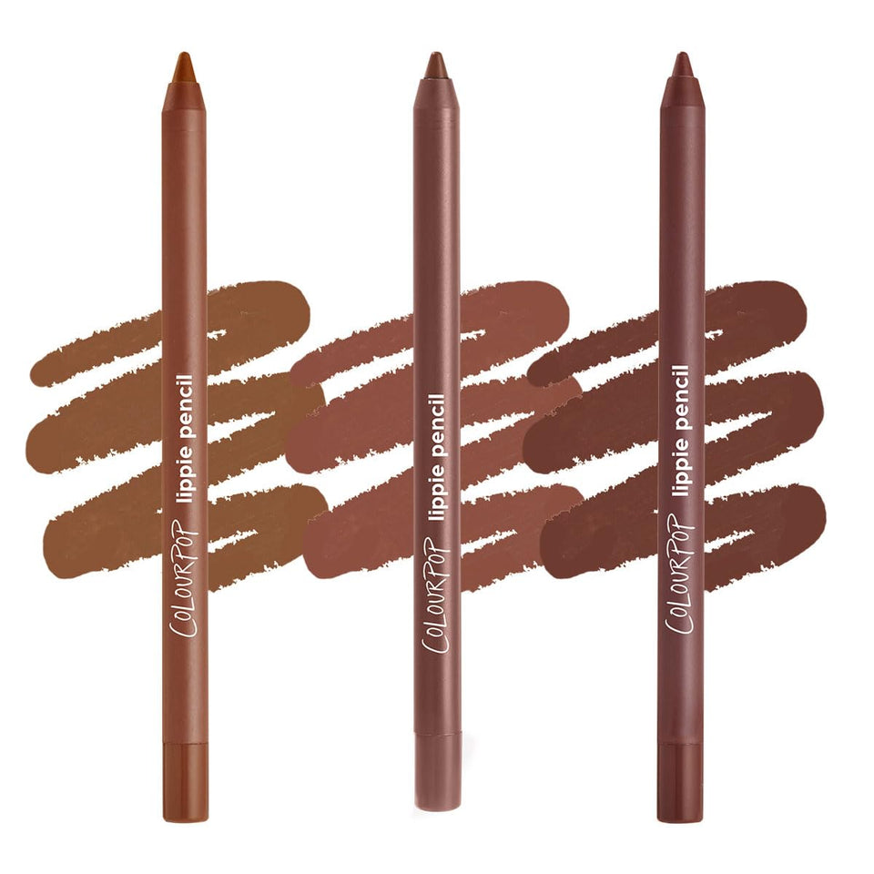 ColourPop front packaging showing the three mocha lip pencils and kit benefits