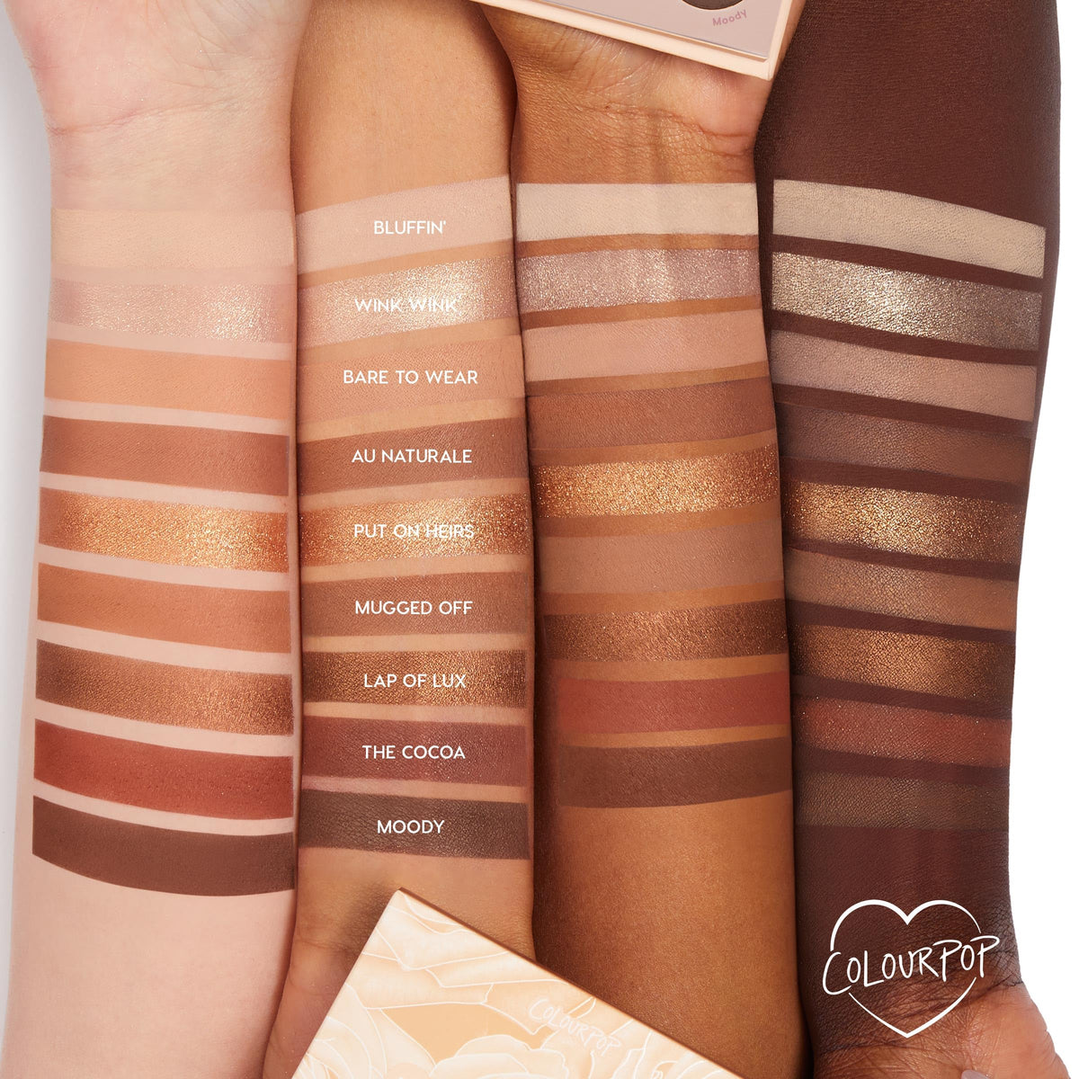 ColourPop close-up of pan textures highlighting matte and metallic finishes for blendability