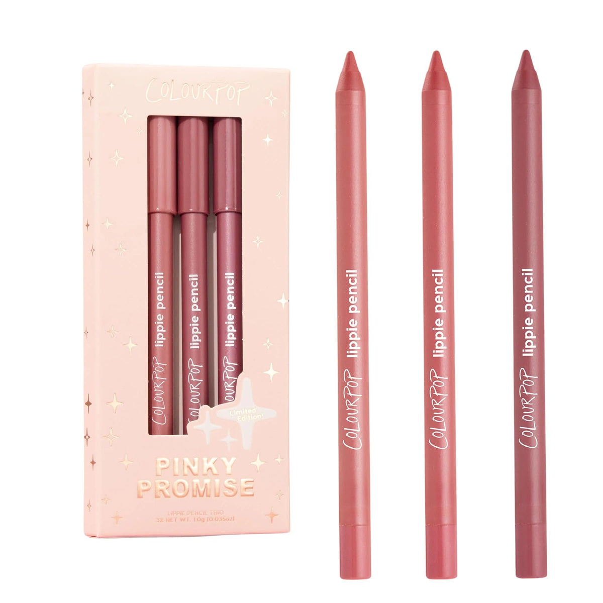 ColourPop front packaging trio showing Pinky Promise kit benefits