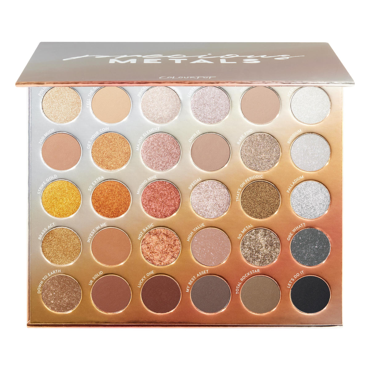 ColourPop palette front open showing all 12 shades and versatile finishes
