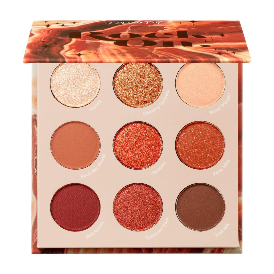 ColourPop Rock On palette front open showing nine warm shades and compact portability