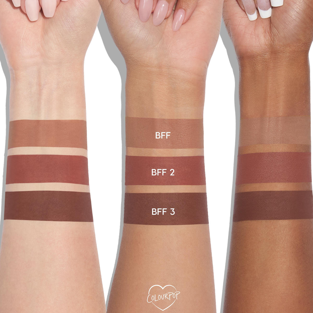 ColourPop swatches on arm showing shade range for easy color picking