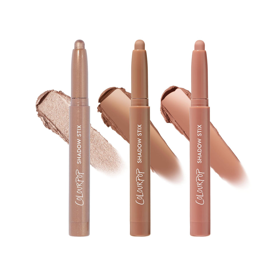 ColourPop Shadow Stix front packaging showing three sticks and shades, easy selection benefit
