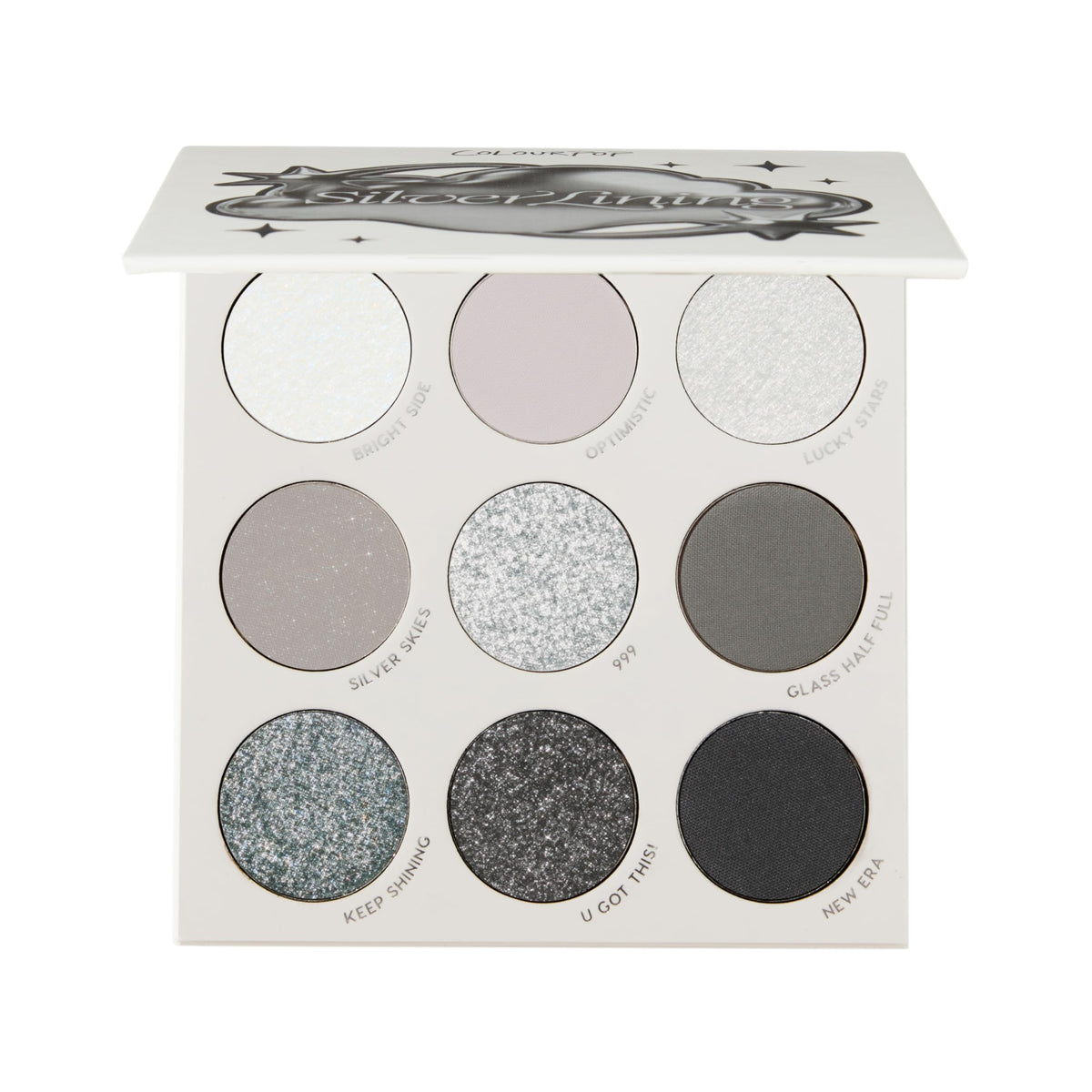 ColourPop front packaging showing 9 pan palette and compact case benefit travel ready