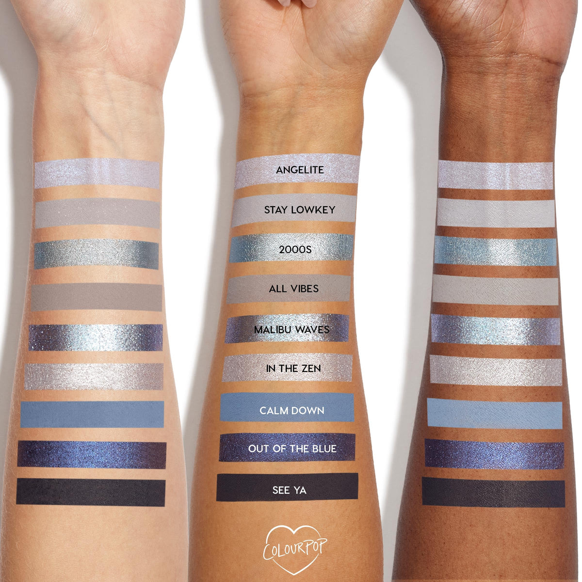 ColourPop So Elemental texture swatch of blue and silver shades demonstrating blendable payoff