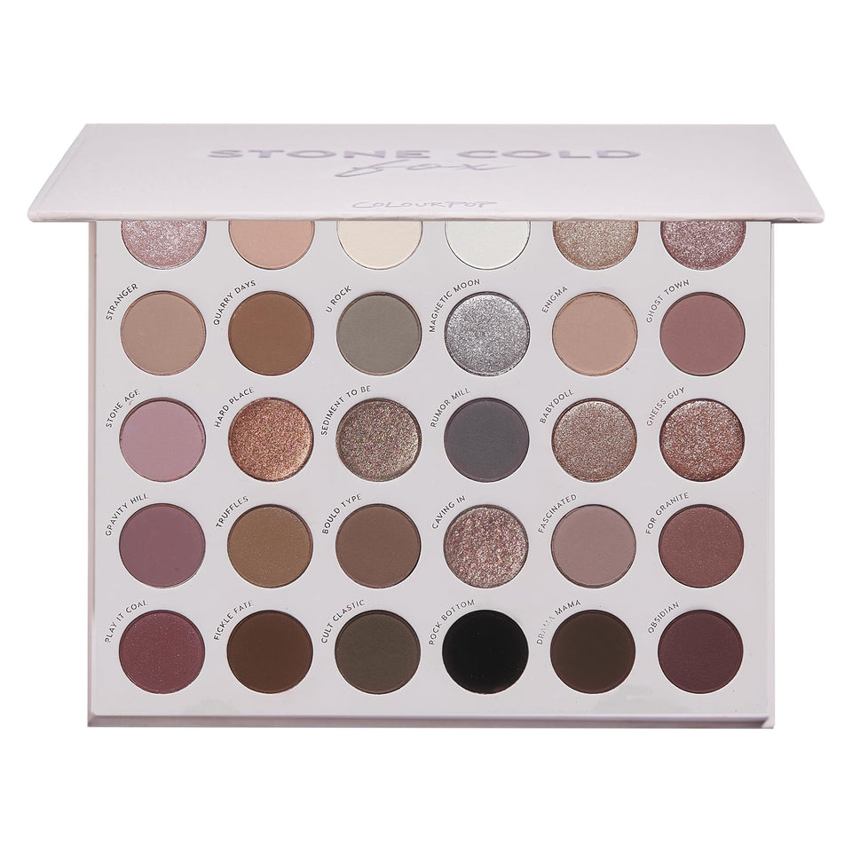 ColourPop palette front open showing 30 cool-toned shades and versatile selection