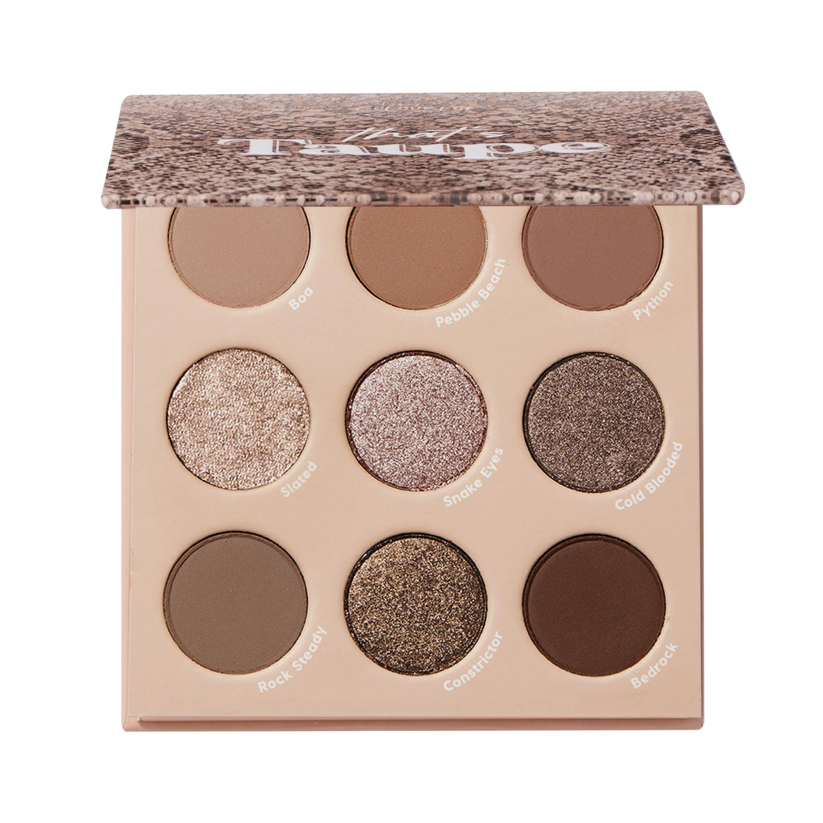 ColourPop palette front packaging showing compact taupe design and easy storage