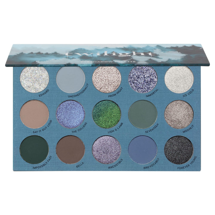 ColourPop Twilight palette front open showing all 15 shades and compact layout