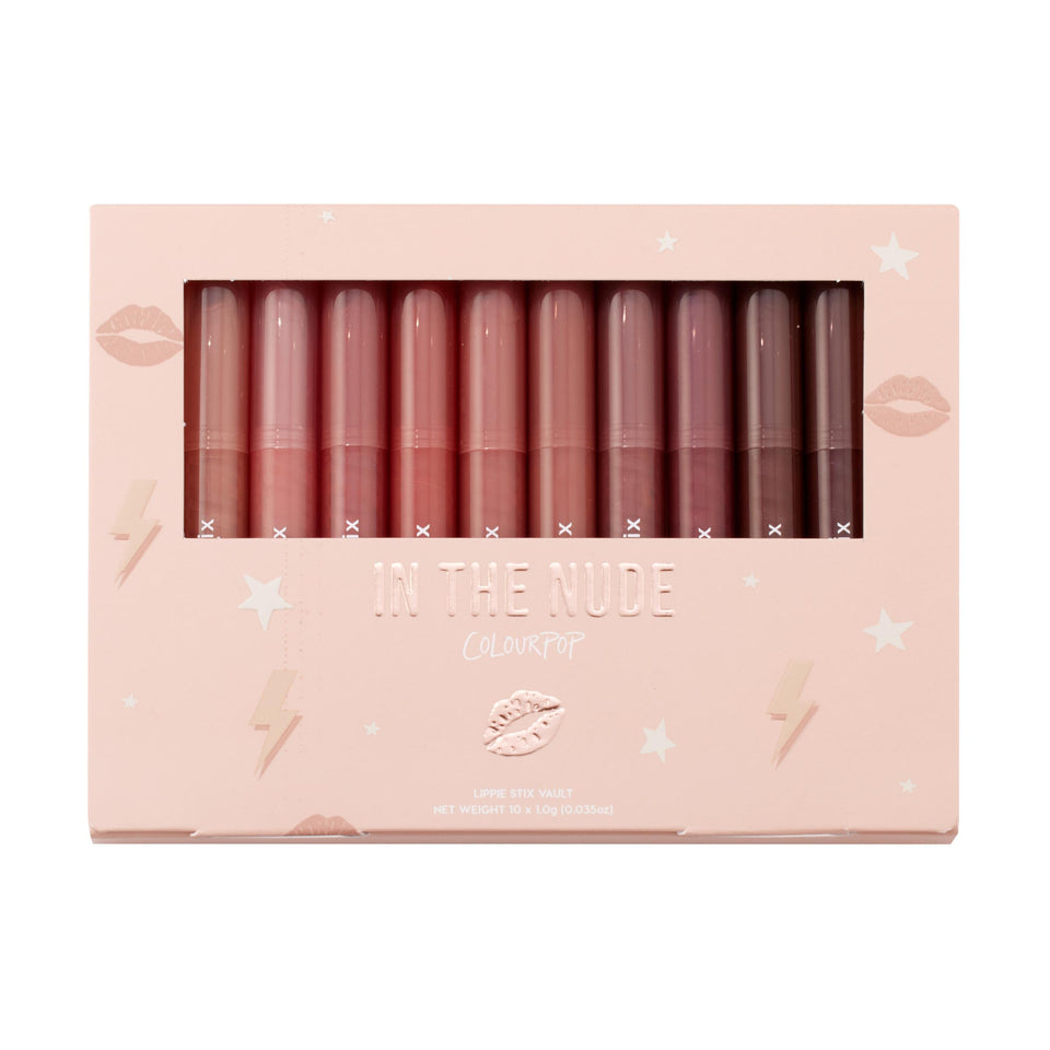 ColourPop vault front packaging showing ten nude Lippie Stix and organized layout for easy selection