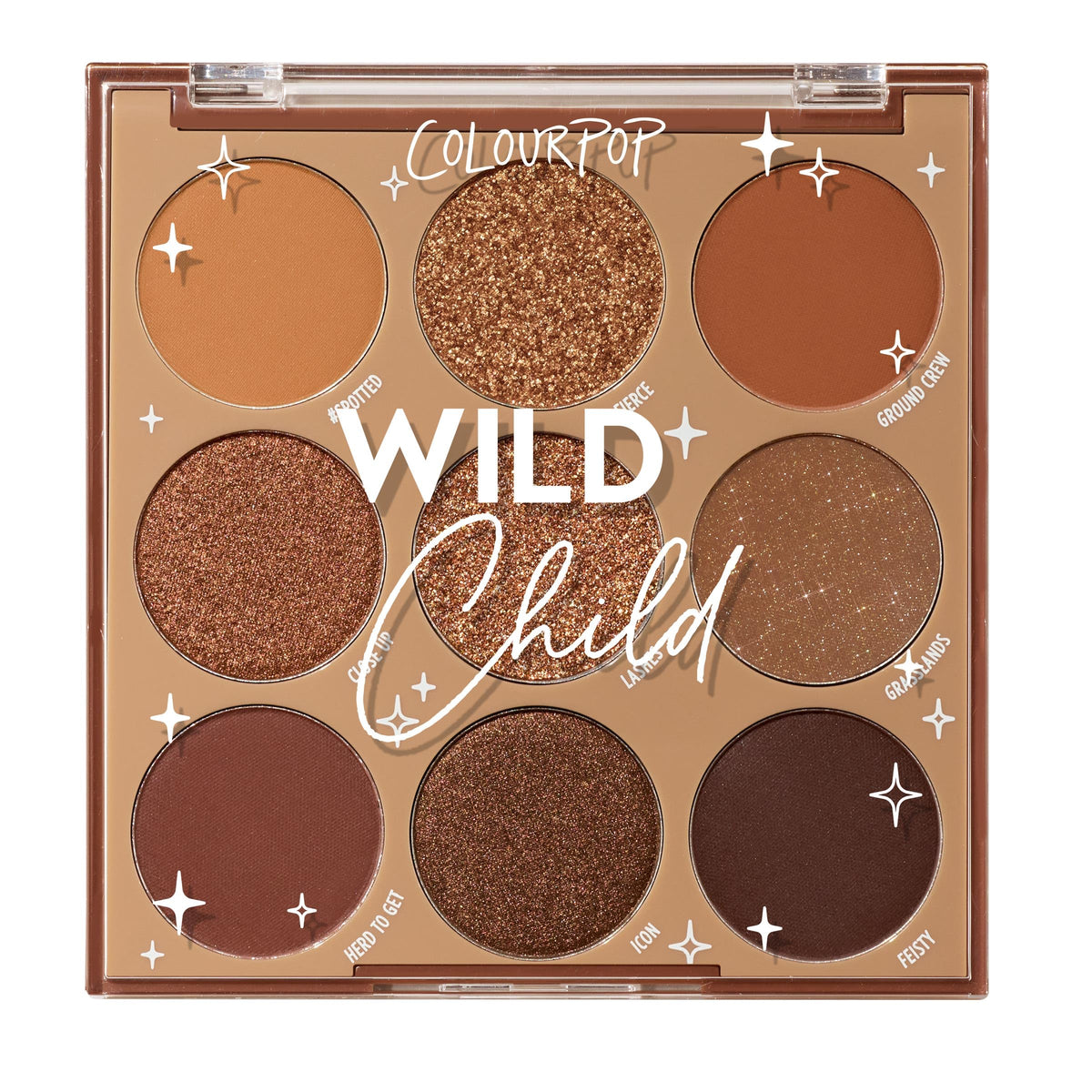 ColourPop Wild Child palette front view showing nine brown shades and versatile finish range