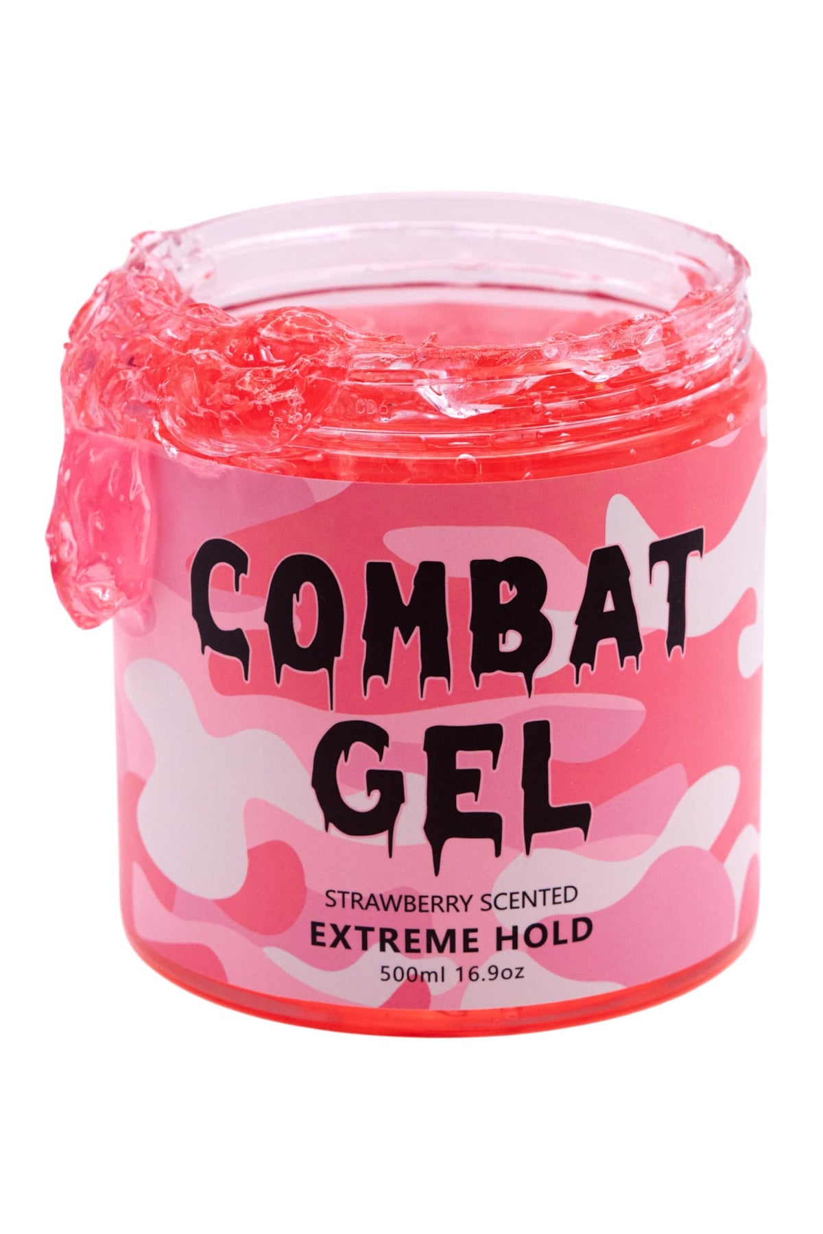 Combat Gel jar front view showing label and strawberry scent benefit
