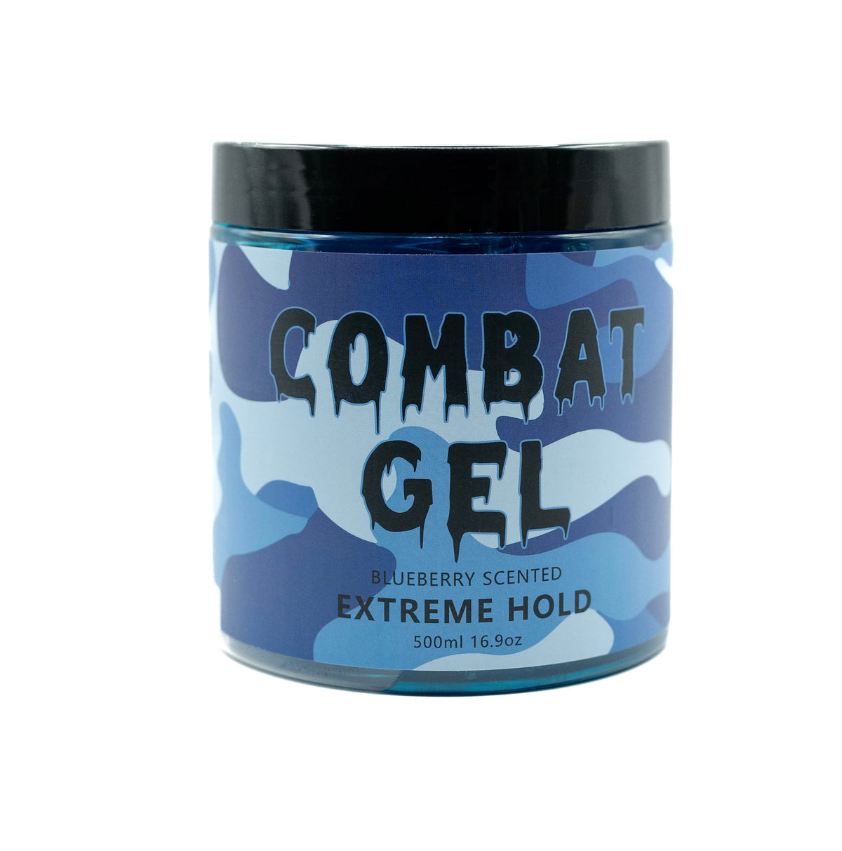 Combat Gel texture closeup showing glossy blue gel consistency and strong hold benefit